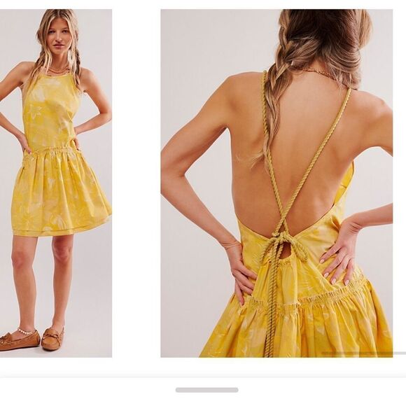 Free People Deserted Island Mini Dress in Yellow NWOT - Picture 4 of 11
